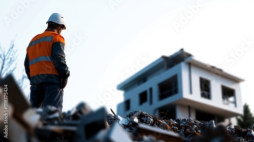 Construction worker observing demolition site with damaged building in the background.