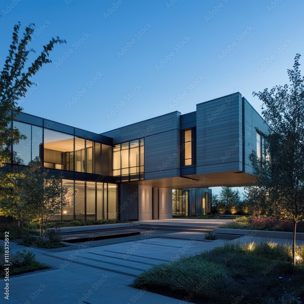 Modern luxury home at twilight, showcasing sleek architecture, expansive windows, and landscaped grounds. Modern luxury home at twilight, showcasing sleek architecture, expansive windows, and landscaped grounds.