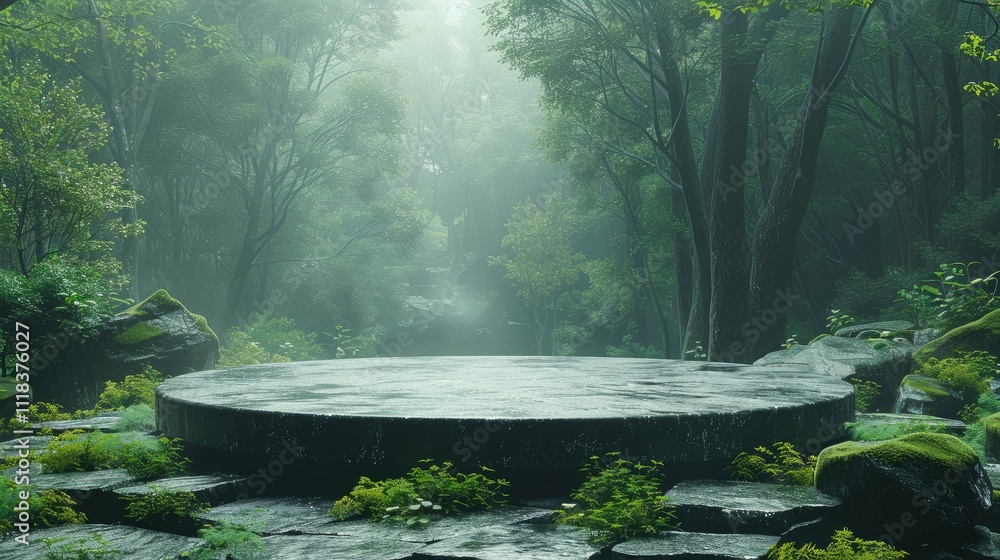 Misty forest scene with stone platform. Misty forest scene with stone platform.