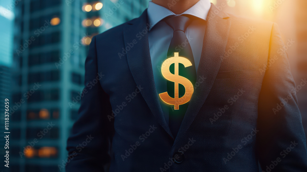 resourceful investor in suit stands confidently with glowing dollar sign, symbolizing wealth and success in modern urban setting resourceful investor in suit stands confidently with glowing dollar sign, symbolizing wealth and success in modern urban setting