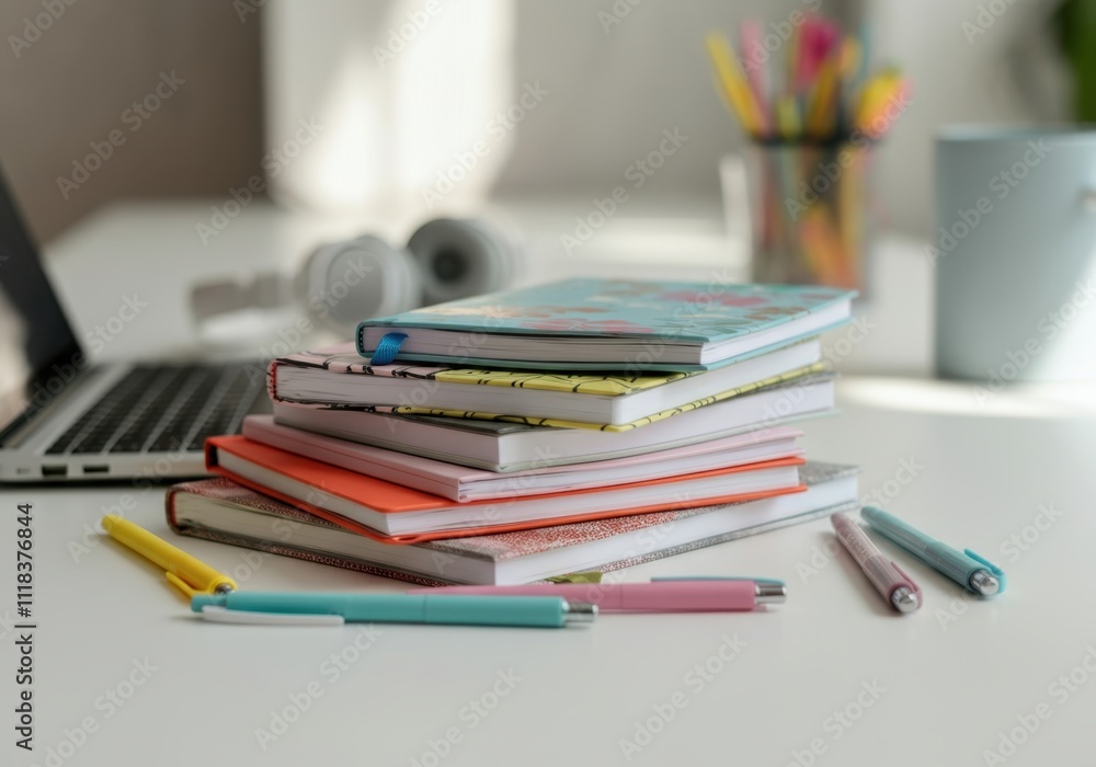 Colorful notebooks stacked on white desk with pens and laptop, ready for studying or working Colorful notebooks stacked on white desk with pens and laptop, ready for studying or working