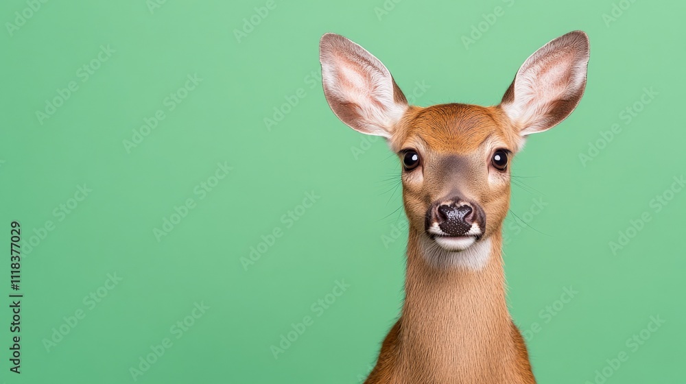 Curious Fawn on Green Background: A young deer with big ears and bright eyes gazes directly at the camera, exuding an air of gentle curiosity against a vibrant green backdrop. Curious Fawn on Green Background: A young deer with big ears and bright eyes gazes directly at the camera, exuding an air of gentle curiosity against a vibrant green backdrop.
