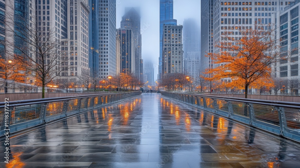 A modern walkway with tall, reflective buildings and sparse trees, set against a chilly, misty background. A modern walkway with tall, reflective buildings and sparse trees, set against a chilly, misty background.