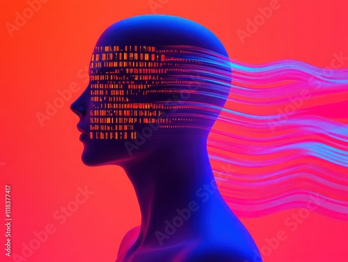 An abstract representation of thoughts and ideas flowing through a digital silhouette against a vibrant background. photo