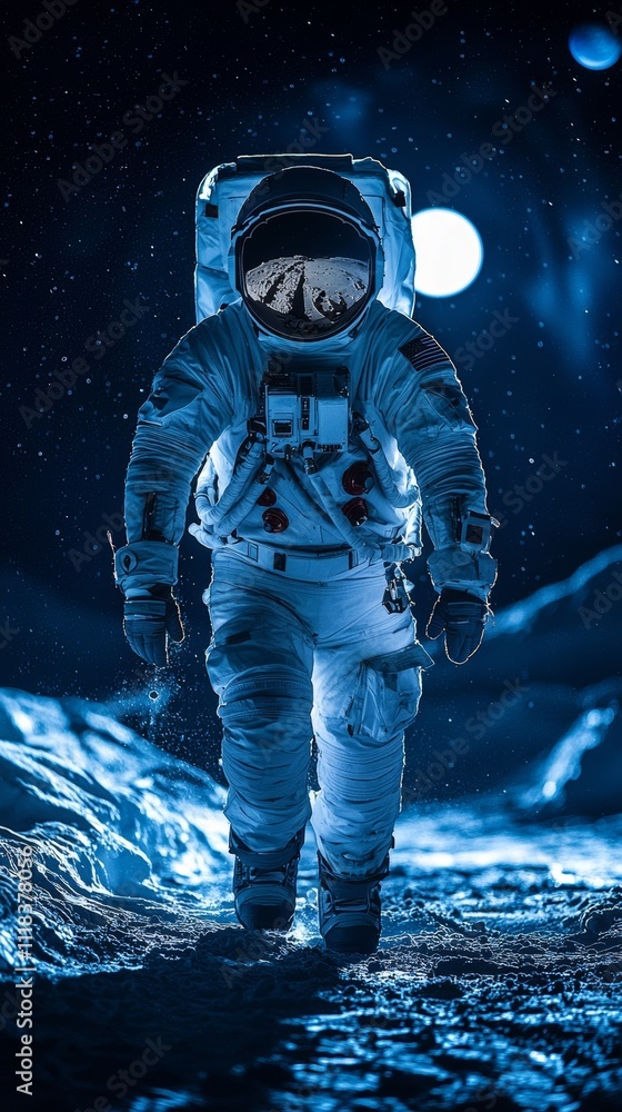 Fototapeta premium Astronaut Walking on the Moon in Stunning Nighttime Scene