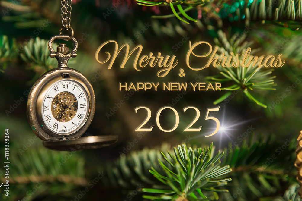 Życzenia Merry Christmas Happy New Year 2025 w tle zegarek vintage z klapką na łańcuchu wiszący na gałęzi choinki bożonarodzeniowej