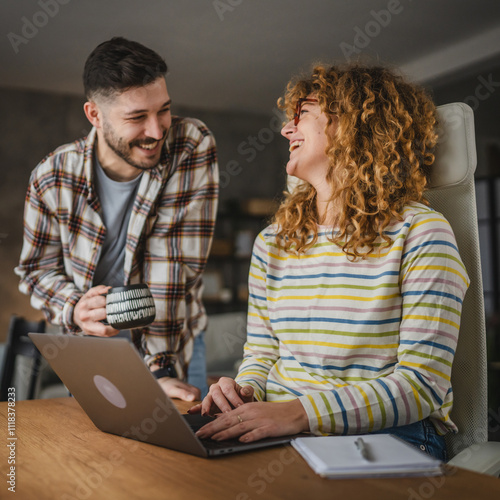 Husband take care of his wife while she work from home