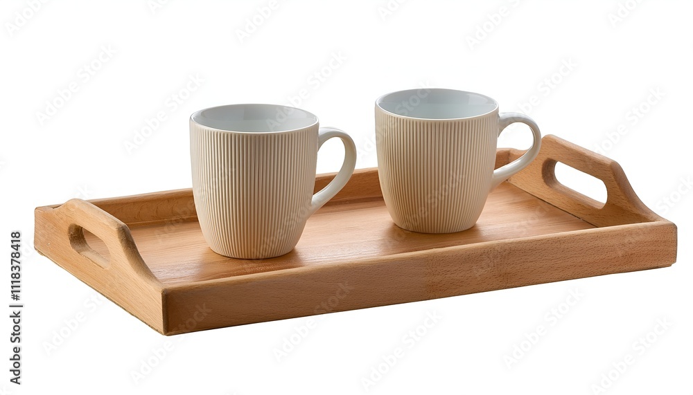 A sleek bamboo tray holding two simple cups, ideal for minimalist and modern dining settings. Perfect for serving breakfast, tea, or coffee. Isolated on white background A sleek bamboo tray holding two simple cups, ideal for minimalist and modern dining settings. Perfect for serving breakfast, tea, or coffee. Isolated on white background