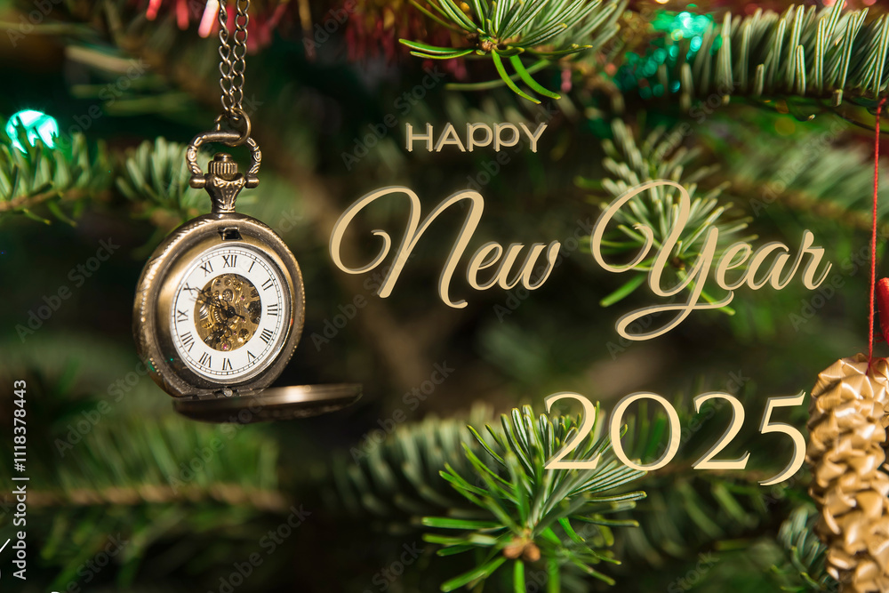 Życzenia Happy New Year 2025 w tle zegarek vintage z klapką na łańcuchu wiszący na gałęzi choinki bożonarodzeniowej
