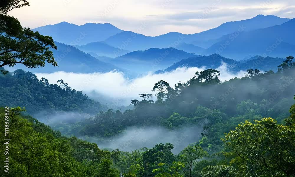 A serene landscape featuring lush mountains, mist, and greenery, capturing the beauty of nature and tranquility. A serene landscape featuring lush mountains, mist, and greenery, capturing the beauty of nature and tranquility.