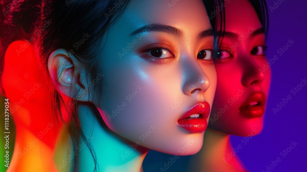 In a dynamic studio, striking models pose with vivid lighting that highlights stunning makeup. The interplay of colors and reflections adds depth, celebrating contemporary fashion In a dynamic studio, striking models pose with vivid lighting that highlights stunning makeup. The interplay of colors and reflections adds depth, celebrating contemporary fashion