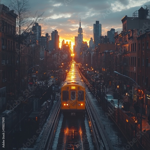 A sunset view of a city skyline with a train on elevated tracks.