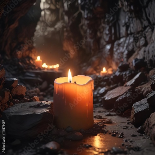 A waxen candle melts slowly in the darkness of a abandoned mine shaft, gothic, melting wax photo