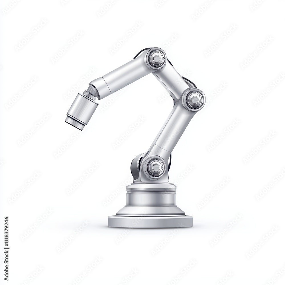 Robotic arm with articulated joints and sleek metallic finish, designed for precision tasks in industrial settings. This advanced technology enhances automation and efficiency