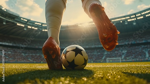 feet of soccer player tread on soccer ball for kick