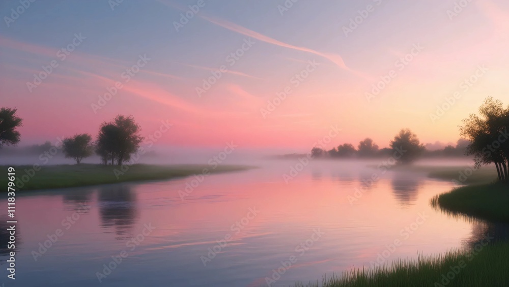 AI GENERATE, A misty river at sunrise, soft pink and orange hues filling the sky and water AI GENERATE, A misty river at sunrise, soft pink and orange hues filling the sky and water
