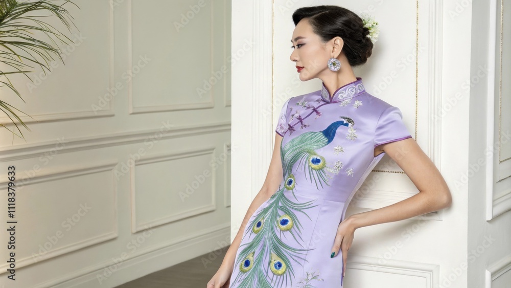 A woman poses proudly in a striking lavender qipao that features bold pea feathers in blue and green. With a modern and sleek lines her look is enhanced by a pair of vintage hoop A woman poses proudly in a striking lavender qipao that features bold pea feathers in blue and green. With a modern and sleek lines her look is enhanced by a pair of vintage hoop