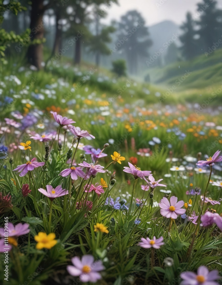 Softly falling spring raindrops create a serene atmosphere amidst a lush meadow teeming with blooming wildflowers, droplets, landscape, blossoms Softly falling spring raindrops create a serene atmosphere amidst a lush meadow teeming with blooming wildflowers, droplets, landscape, blossoms