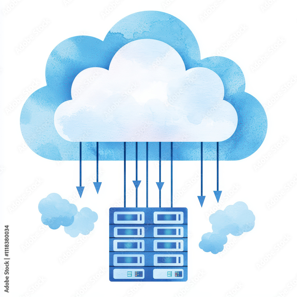 watercolor of cloud server with blue clouds and data connections. This artwork represents modern technology and data storage solutions in visually appealing way