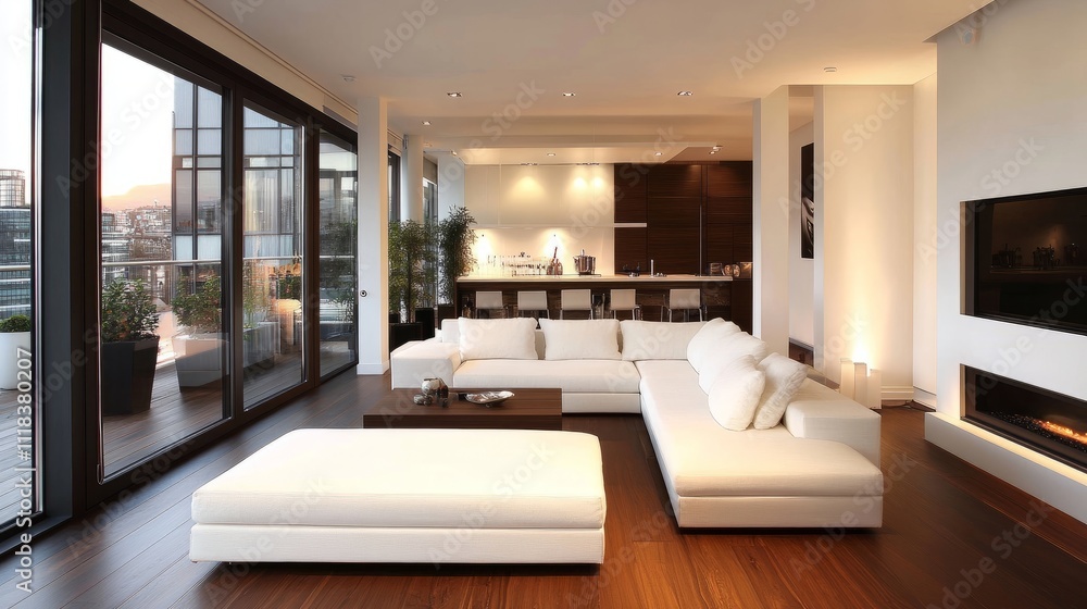 Modern living room with a sleek white sofa, warm oak flooring, and subtle decor elements enhancing the minimalist vibe Modern living room with a sleek white sofa, warm oak flooring, and subtle decor elements enhancing the minimalist vibe