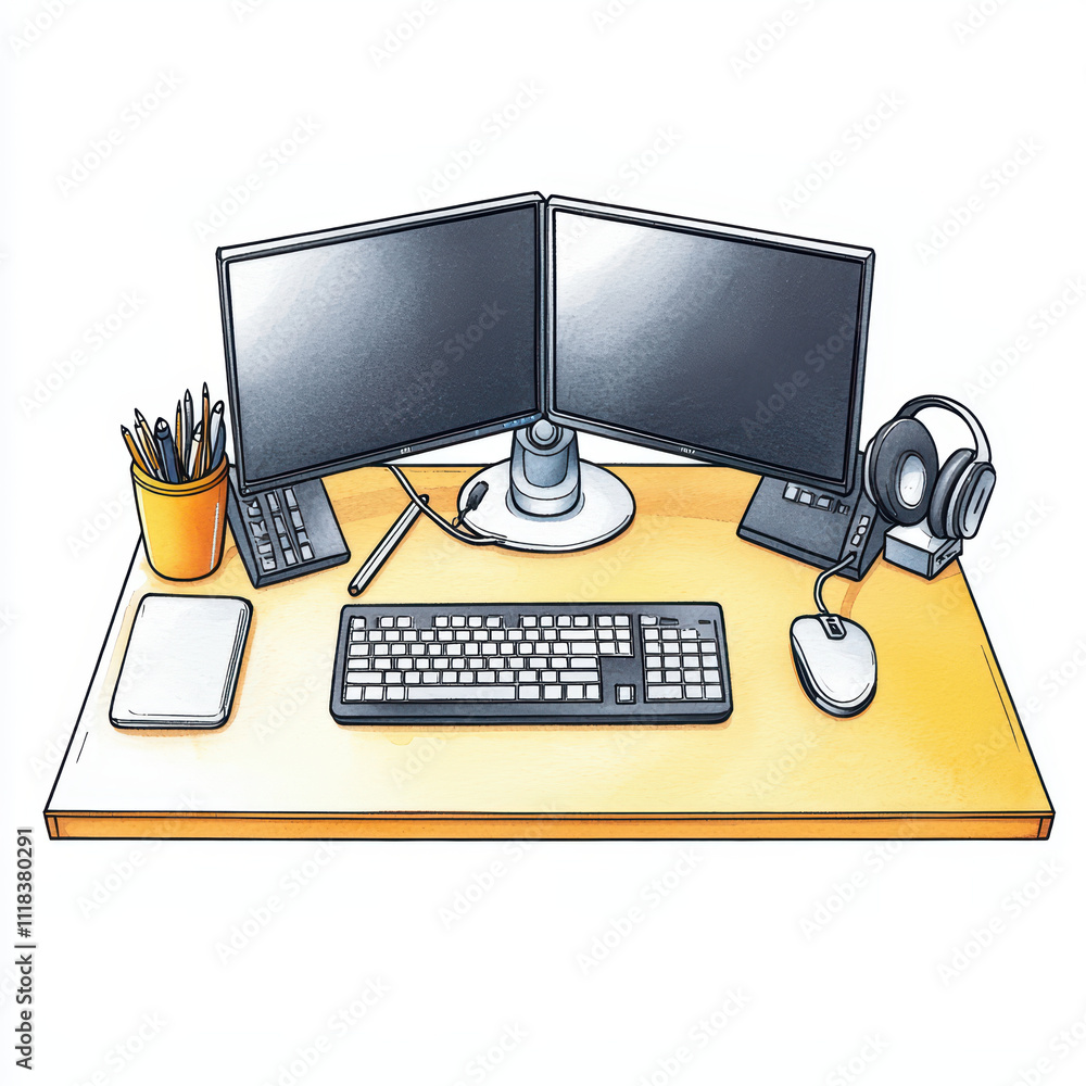 desktop computer setup featuring dual monitors, keyboard, mouse, and headphones, creating productive workspace atmosphere desktop computer setup featuring dual monitors, keyboard, mouse, and headphones, creating productive workspace atmosphere