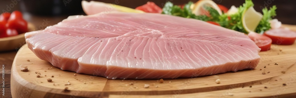 Raw swordfish served on a wooden cutting board , wood, Raw swordfish served on a wooden cutting board , wood,