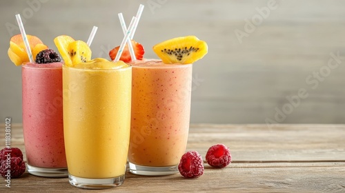 Three colorful fruit smoothies in glasses, garnished with tropical fruits, set against a wooden background.