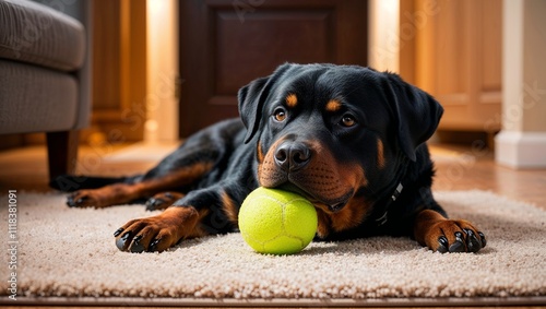 Rottweiler with Tennis Ball on Carpet Indoors photo