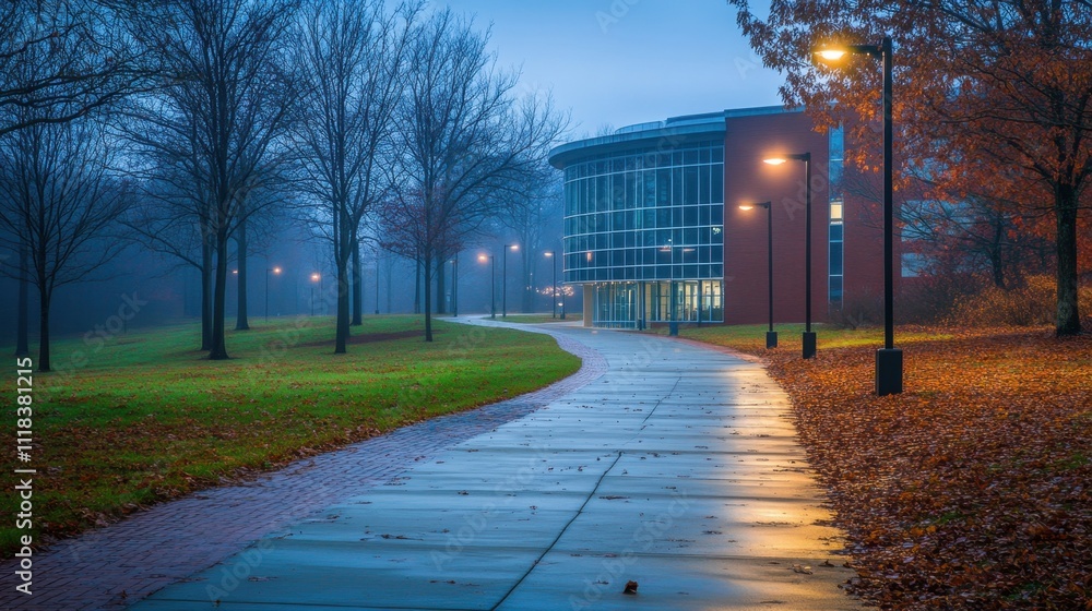 Fototapeta premium A quiet pathway surrounded by brick and glass structures, scattered trees, and an air of winter chill under soft light
