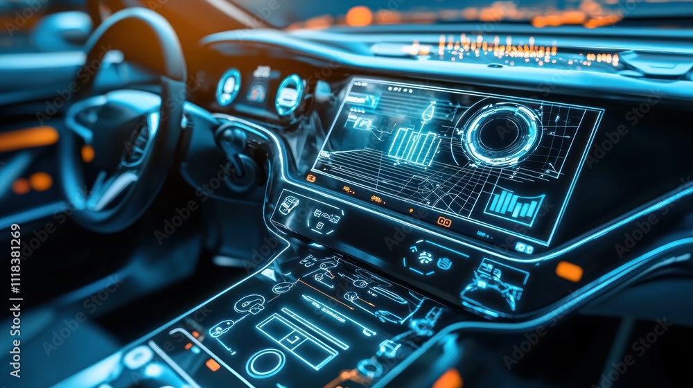 Fototapeta premium Futuristic Car Dashboard Illuminated Interface Technology Digital Display