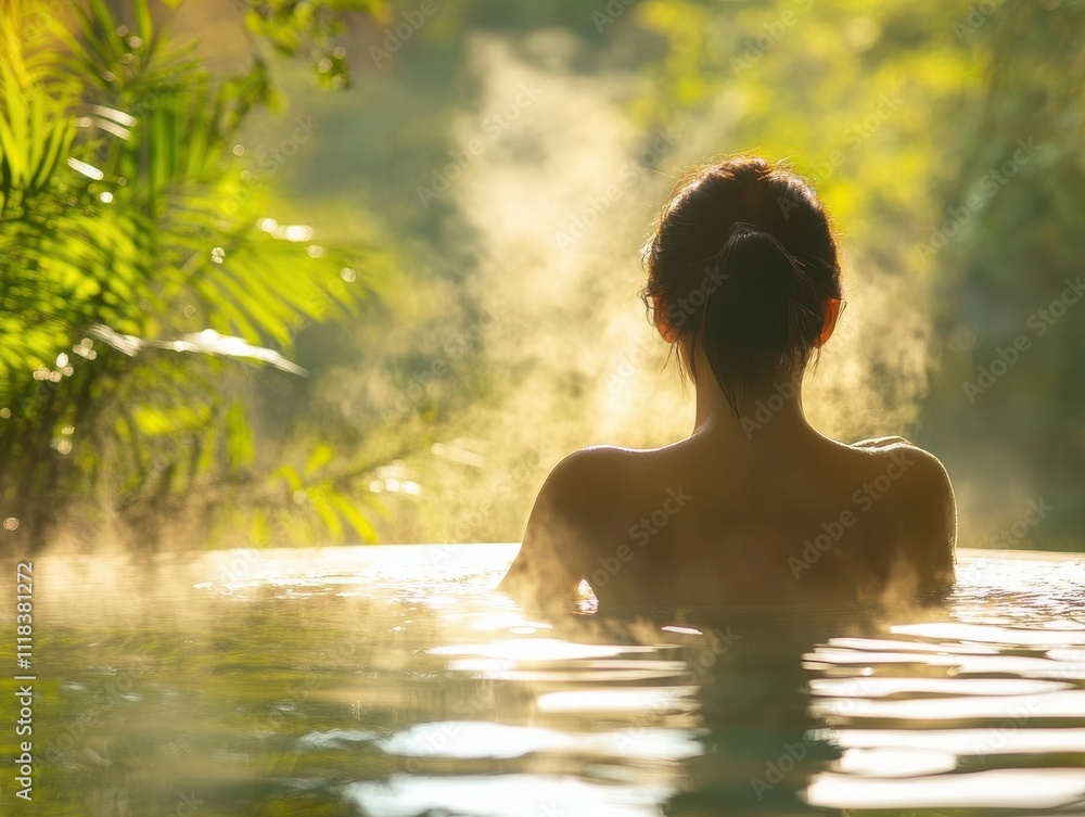 A serene woman enjoying a moment of relaxation in a warm steam bath surrounded by nature. A serene woman enjoying a moment of relaxation in a warm steam bath surrounded by nature.