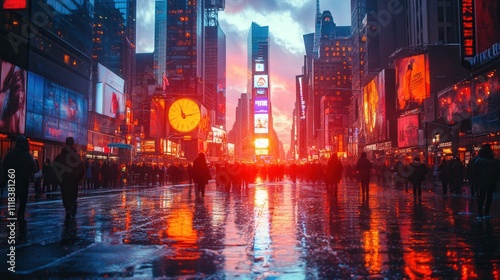 Vibrant Sunset Reflections in a Busy Times Square Cityscape