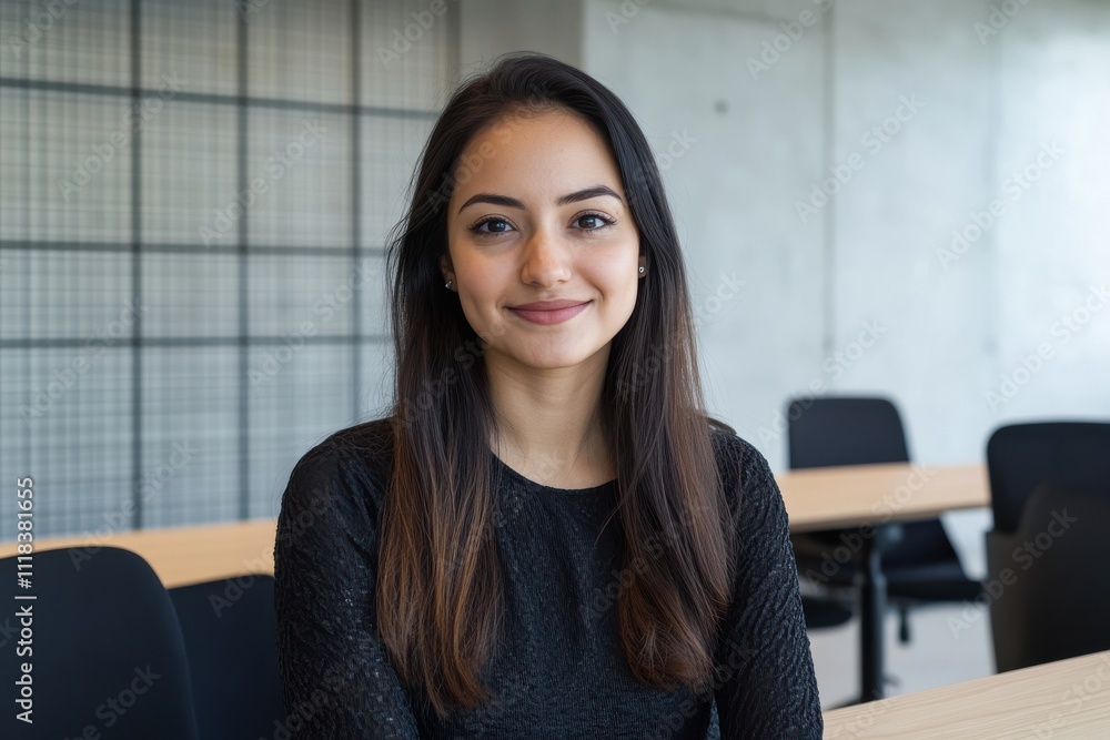 Confident woman smiling in a contemporary office space, conveying professionalism in work. Confident woman smiling in a contemporary office space, conveying professionalism in work.
