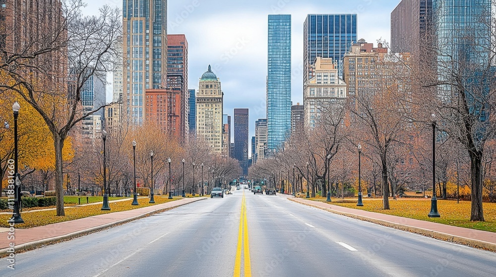 A quiet road bordered by high urban towers and bare trees, set against a chilly, grey skyline. A quiet road bordered by high urban towers and bare trees, set against a chilly, grey skyline.