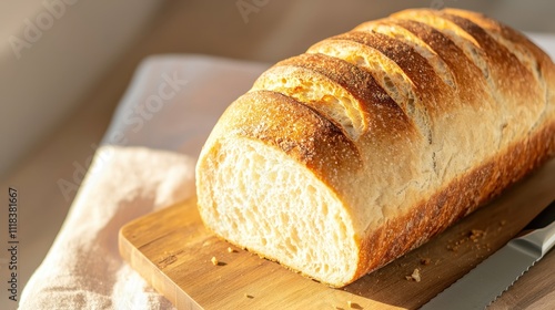 Freshly baked loaf of bread on a wooden cutting board, with slices visible, highlighting its golden crust and soft interior. photo