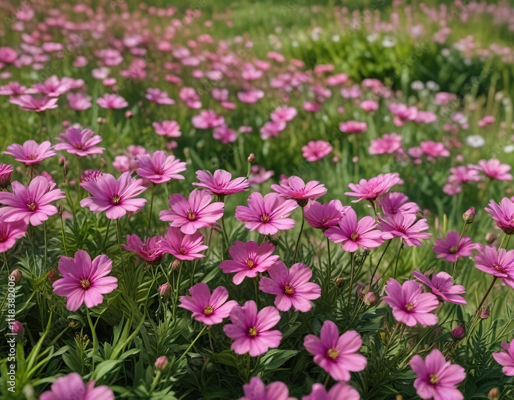 Group of pink flowers blooming in a lush green meadow, serene atmosphere, fauna Group of pink flowers blooming in a lush green meadow, serene atmosphere, fauna