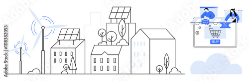 Wind turbines and solar panels on buildings in cityscape next to online shopping illustration with people adding items to cart. Ideal for technology, sustainability, ecommerce, energy, environment