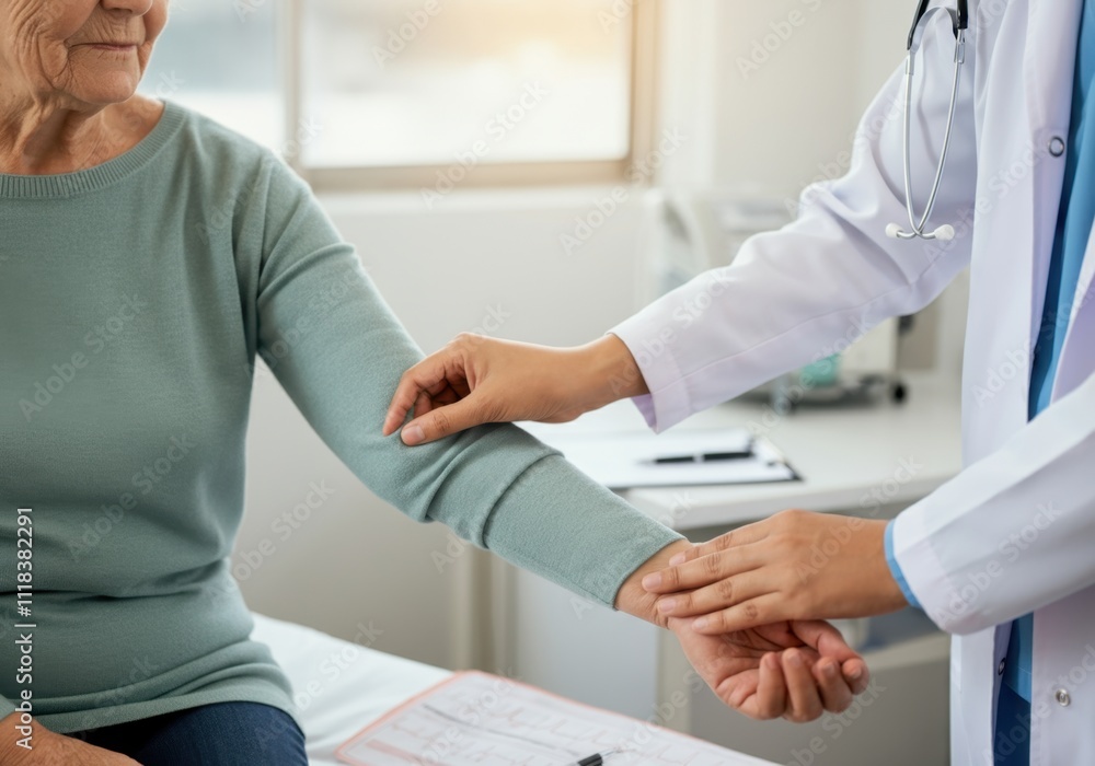 Obraz premium Female doctor checking pulse of elderly patient during medical exam in hospital room