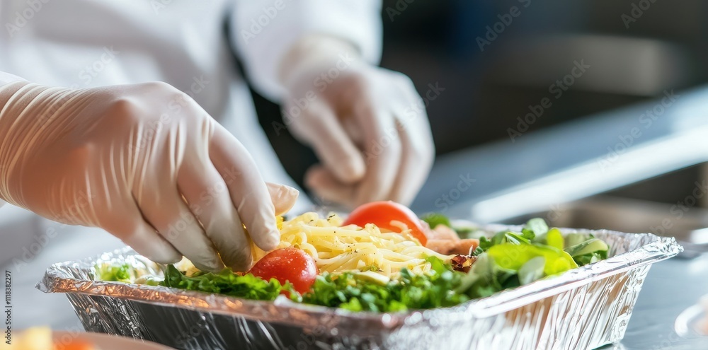 Close up of a chef preparing fresh meals in a professional kitchen, with vegetables and healthy ingredients. Close up of a chef preparing fresh meals in a professional kitchen, with vegetables and healthy ingredients.