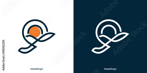 Abstract Airplane and Pin Icon Graphic with Outline Style. Travel Logo Design Template.