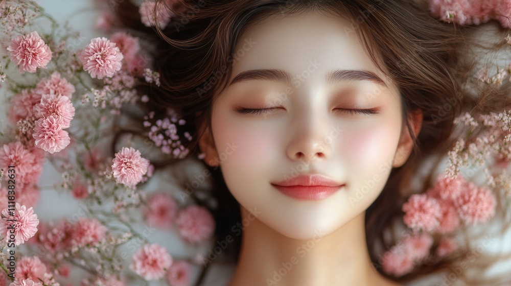 Fototapeta premium Serene Young Woman Surrounded by Delicate Pink Flowers in Nature