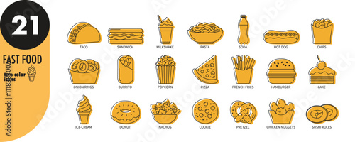 Set of fast food line icons with yellow fill. Burger, hot dog, taco, milkshake, pasta, soda, sandwich, burrito, pizza, popcorn, cake, ice-cream, donut, nachos, cookie, nuggets, vector illustration