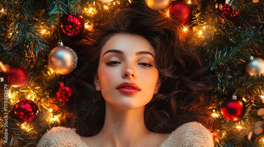 Top view photo of luxurious lady lying tree baubles celebrate x mas christmas enjoy miracle illumination. Christmas and New Year Top view photo of luxurious lady lying tree baubles celebrate x mas christmas enjoy miracle illumination. Christmas and New Year