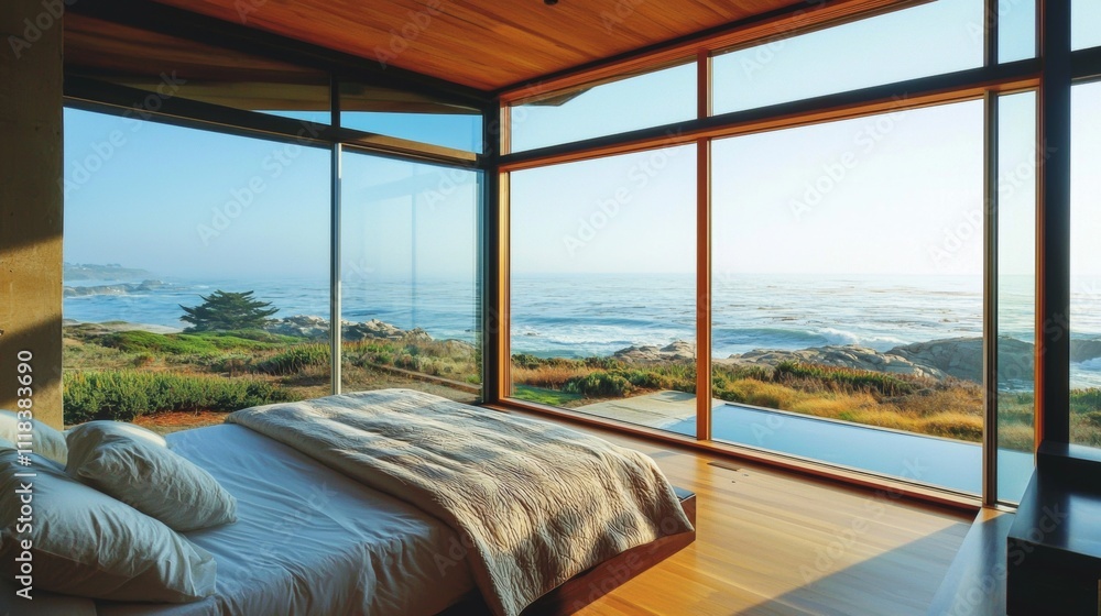 Fototapeta premium Serene Minimalist Bedroom with Ocean View in Beautiful Coastal Setting