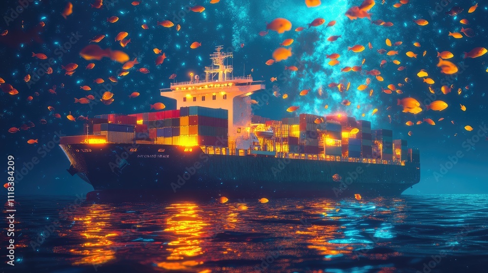 Obraz premium Container ship surrounded by schools of glowing fish, merging maritime trade with naturea is beauty