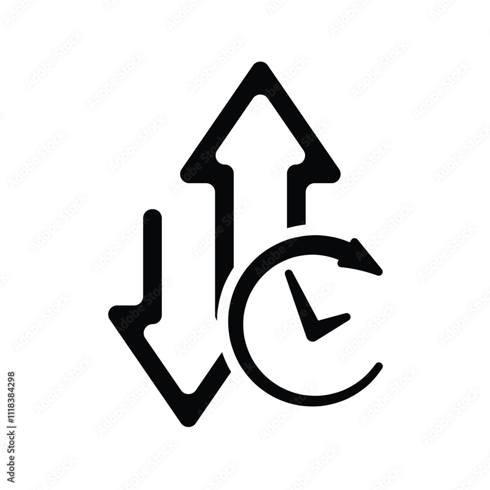 arrow icon. Top and Bottom signs with time clock. Buy and sell symbols. for economics, data analysts, finance. solid modern design style. arrow icon. Top and Bottom signs with time clock. Buy and sell symbols. for economics, data analysts, finance. solid modern design style.