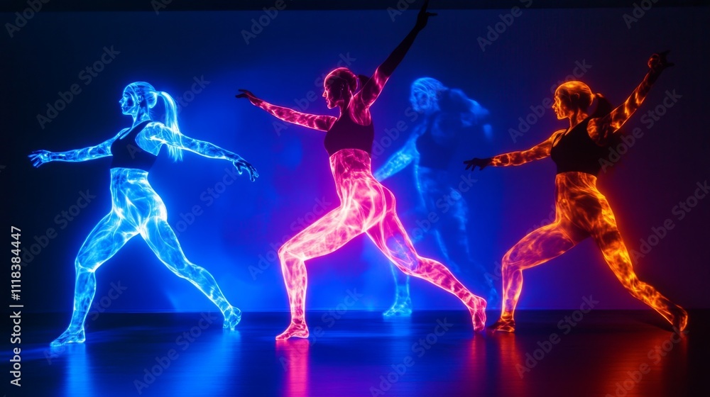 Dynamic Female Figures in Neon Light Dance Performance Dynamic Female Figures in Neon Light Dance Performance