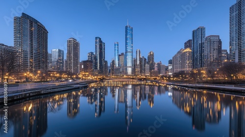 A serene city skyline with dimly lit skyscrapers on New Years night, reflecting a sense of peace and solitude.