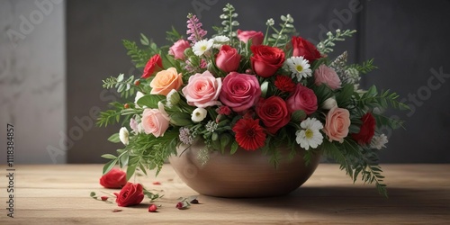 Valentine's Day flower arrangement with mixed flowers and greenery, greenery, elegant photo