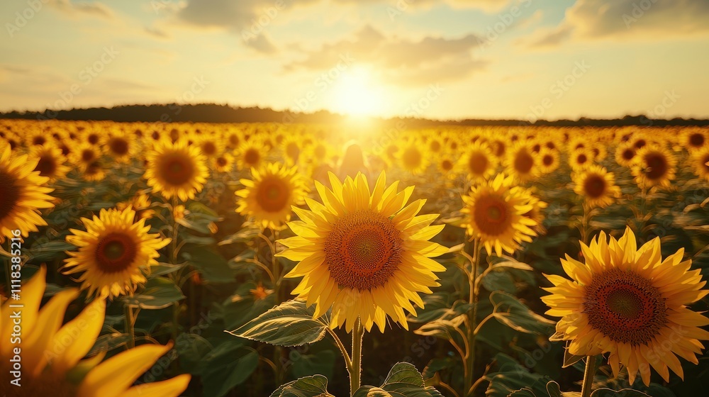 Fototapeta premium A family walking through a sunflower field during golden hour, stopping to take photos and admire the towering blooms. The vibrant flowers and warm light create a stunning and cheerful backdrop. 